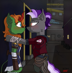 Size: 965x970 | Tagged: safe, artist:nismorose, oc, oc:belldrums, oc:emerald pyre, bat pony, kirin, semi-anthro, g4, alley, arcane, blushing, building, cheek fluff, clothes, crossover, dirty, door, ear fluff, fangs, female, jacket, lesbian, lights, neon, pinned, smiling, smirk, wanted poster, wide eyes