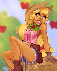 Size: 1717x2146 | Tagged: safe, artist:iffyisjustice, applejack, human, g4, apple, apple tree, armpits, bare legs, bare shoulders, belt, big eyelashes, book, boots, clothes, denim, denim shorts, eyelashes, farm girl, female, fit, freckles, gloves, grin, hay bale, humanized, lips, lipstick, outdoors, plaid shirt, pony coloring, red lipstick, sexy, shirt, shoes, shorts, shoulder freckles, sleeveless, sleeveless shirt, slender, smiling, solo, straw in mouth, tan skin, thin, tomboy, tree, waifu material