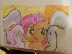 Size: 4096x3072 | Tagged: safe, artist:victoric1993, babs seed, diamond tiara, silver spoon, earth pony, pony, g4, my little pony: friendship is magic, one bad apple, colored pencil drawing, eyes on the prize, female, filly, foal, high res, looking at butt, out of context, pencil drawing, raised tail, screencap reference, tail, traditional art