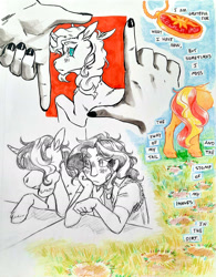 Size: 1515x1946 | Tagged: artist needed, source needed, safe, sunset shimmer, human, pony, unicorn, g4, geode of empathy, homesick shimmer, horn, jewelry, magical geodes, medallion, mirror, necklace, solo, traditional art