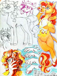 Size: 1432x1890 | Tagged: artist needed, source needed, safe, sunset shimmer, classical unicorn, human, pony, unicorn, g4, cloven hooves, homesick shimmer, horn, human to pony, jewelry, leonine tail, medallion, muzzle grab, necklace, solo, traditional art, transformation, unshorn fetlocks