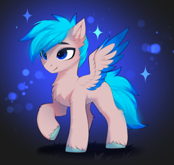 Size: 3847x3654 | Tagged: safe, alternate character, alternate version, artist:empress-twilight, oc, oc only, oc:turquoise dust, pegasus, pony, blue eyes, blue hooves, blue mane, blue pupils, blue tail, blue wingtips, brown coat, cheek fluff, chest fluff, colored hooves, colored pupils, colored wings, colored wingtips, commission, cyan mane, cyan tail, ear fluff, eye clipping through hair, eyebrows, eyebrows visible through hair, glowing, glowing mane, glowing tail, gradient background, high res, hock fluff, hooves, leg fluff, male, male oc, pegasus oc, raised hoof, shiny mane, shiny tail, shoulder fluff, smiling, solo, sparkles, spread wings, stallion, stallion oc, standing, standing on three hooves, tail, tan coat, three quarter view, two toned mane, two toned tail, two toned wings, unshorn fetlocks, wings, ych result