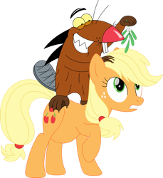 Size: 856x933 | Tagged: safe, artist:porygon2z, applejack, beaver, earth pony, pony, g4, angry beavers, braid, christmas, crossover, crossover shipping, daggett doofus beaver, holiday, mistletoe, preggo jack, pregnant, shipping, simple background, transparent background