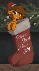 Size: 1018x1842 | Tagged: safe, artist:marsminer, oc, oc only, oc:venus spring, pony, unicorn, braces, christmas, christmas stocking, cute, female, grin, holiday, horn, looking at you, small, smiling, solo, text, venus spring actually having a pretty good time