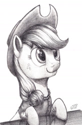 Size: 1297x1985 | Tagged: artist needed, safe, applejack, earth pony, g4, bust, drawthread, female, grayscale, mare, monochrome, portrait, requested art, secretary, signature, solo, traditional art