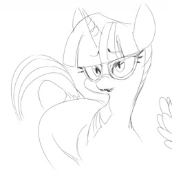 Size: 1299x1299 | Tagged: safe, artist:sunibee, twilight sparkle, pony, unicorn, g4, black and white, female, glasses, grayscale, horn, lipstick, mare, monochrome, simple background, sketch, solo, unicorn twilight