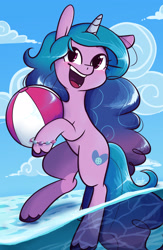 Size: 2003x3072 | Tagged: safe, artist:lilliesinthegarden, izzy moonbow, pony, unicorn, g5, beach ball, female, horn, looking at you, mare, ocean, open mouth, open smile, outdoors, partially submerged, smiling, solo, water