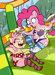 Size: 5100x7019 | Tagged: safe, artist:sebaku, pinkie pie, earth pony, hedgehog, mobian, anthro, g4, amy rose, bouncy castle, breasts, clothes, duo, eyes closed, fat, food, inflatable, open mouth, open smile, outdoors, pie, pie fight, pie in the face, polka dots, pudgy pie, smiling, socks, sonic the hedgehog (series), sonicified, striped socks, swimsuit, wet and messy