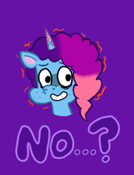 Size: 968x1263 | Tagged: safe, artist:shucku, misty brightdawn, pony, unicorn, g5, my little pony: tell your tale, ponycorn clone-i-corn, spoiler:g5, spoiler:my little pony: tell your tale, spoiler:tyts02e27, clone, female, horn, mare, purple background, rebirth misty, simple background, solo, trace