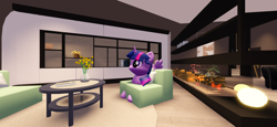 Size: 2796x1290 | Tagged: safe, twilight sparkle, pony, g4, 3d, 3d model, book, bookshelf, chair, fireplace, flower, indoors, light, living room, mod, plant, roblox, side view, sitting, solo, table, wings