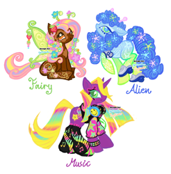 Size: 2664x2704 | Tagged: safe, artist:eyerealm, artist:junglicious64, oc, oc only, oc:alien, oc:fairy, oc:music, alien, alien pony, earth pony, fairy, fairy pony, original species, unicorn, adoptable, antennae, armband, beauty mark, blue coat, blue eyelashes, blue eyes, blue eyeshadow, blue mane, blue tail, blue text, boots, brown coat, brown mouth, brown pupils, cascading cutie mark, chest marking, clothes, coat markings, collaboration, colored eyelashes, colored lineart, colored mouth, colored pupils, colored wings, colorful, curly mane, curly tail, ear markings, earth pony oc, eye markings, eyelashes, eyeshadow, fairy wings, female, female oc, floppy ears, flower, flower in hair, food, gradient legs, gradient mane, gradient tail, green eyelashes, green eyes, green pupils, green text, green wings, headphones, high heel boots, high heels, high res, hoodie, hoof boots, hoof shoes, horn, leg markings, leg warmers, lidded eyes, long mane, long tail, looking at you, looking back, looking up, magenta coat, makeup, mare, mare oc, multicolored hair, open mouth, open smile, orange eyes, profile, purple coat, purple text, rainbow hair, rainbow tail, raised hoof, raised leg, ringlets, shoes, signature, simple background, sitting, smiling, sneakers, spots, spread wings, standing, standing on two hooves, star mark, stars, straight mane, straight tail, strawberry, tail, three quarter view, three toned mane, three toned tail, trio, trio female, unicorn horn, unicorn oc, wall of tags, watermark, wavy mane, wavy tail, white background, wing accessory, wing markings, wingding eyes, wings, wristband, yellow mane, yellow tail