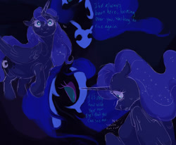 Size: 1700x1400 | Tagged: safe, artist:abbytabbys, nightmare moon, princess luna, alicorn, pony, fanfic:broken destiny, g4, alternate universe, black coat, blue coat, blue eyes, blue mane, blue pupils, blue sclera, blue tail, blue text, broken destiny au, colored eyelashes, colored sclera, colored sketch, dialogue, duo, duo female, ears back, ethereal mane, ethereal tail, eyeshadow, fanfic art, female, flowing mane, flowing tail, folded wings, frown, glowing, glowing eyes, helmet, horn, looking at someone, makeup, mare, missing accessory, nightmare moon armor, no mouth, profile, purple eyelashes, purple eyeshadow, raised hoof, scared, self paradox, self ponidox, shrunken pupils, sketch, sparkles, sparkly mane, sparkly tail, standing, standing on three hooves, starry mane, starry tail, tail, teal sclera, unicorn horn, white eyes, white pupils, white text, wings