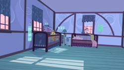 Size: 1280x720 | Tagged: safe, screencap, pumpkin cake, pony, unicorn, baby cakes, g4, my little pony: friendship is magic, season 2, baby, baby pony, bedroom, bow, crib, drool, hair bow, hamper, horn, indoors, lamp, mobile, mouth hold, nursery, pink sky, rubber chicken, scenery, solo, sugarcube corner, sugarcube corner (interior), toy