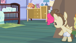 Size: 1280x720 | Tagged: safe, screencap, pinkie pie, pound cake, pumpkin cake, earth pony, pegasus, pony, unicorn, baby cakes, g4, my little pony: friendship is magic, season 2, baby, baby pony, ball, bedroom, blanket, crib, diaper, horn, indoors, lamp, looking at someone, nursery, offscreen character, pillow, plushie, rug, sneaking, sugarcube corner, sugarcube corner (interior), teddy bear, trio