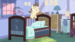 Size: 1280x720 | Tagged: safe, screencap, pound cake, pegasus, pony, baby cakes, g4, my little pony: friendship is magic, season 2, baby, baby pony, bedside stand, blanket, crib, cute, hamper, indoors, jumping, jumping on bed, jumping on the bed, lamp, male, missing accessory, pillow, pink sky, plushie, poundabetes, rambunctious, solo, sugarcube corner, sugarcube corner (interior), teddy bear