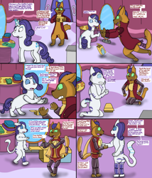 Size: 3000x3500 | Tagged: safe, artist:slywolf136, capper dapperpaws, rarity, abyssinian, pony, unicorn, g4, abyssinianized, action figure, belt, box, cape, carousel boutique, claws, clothes, coat, comic, dialogue, duo, duo male and female, eyes closed, fabric, fangs, female, folding, glowing, glowing horn, gritted teeth, high res, horn, inanimate tf, looking at each other, looking at someone, magic, male, mirror, open mouth, panicking, plastic, raricat, scared, shrinking, species swap, speech bubble, startled, story included, superhero costume, surprised, teeth, telekinesis, toy, transformation, transforming clothes, tripping