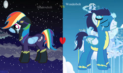 Size: 749x444 | Tagged: safe, artist:soarinrainbowdash3, rainbow dash, soarin', pegasus, pony, g4, clothes, costume, duo, duo male and female, fanfic art, female, goggles, goggles on head, male, mare, needs more jpeg, nightmare night costume, shadowbolt dash, shadowbolts, shadowbolts costume, ship:soarindash, shipping, stallion, straight, uniform, wonderbolts, wonderbolts uniform