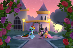 Size: 2400x1600 | Tagged: safe, artist:darksly, rainbow dash, scootaloo, spike, dragon, pegasus, pony, g4, canterlot, clothes, cute, dress, female, filly, floral head wreath, flower, foal, garden, hat, looking at each other, looking at someone, male, mare, outdoors, romantic, rose, ship:scootaspike, shipping, straight, top hat, trio, tuxedo, winged spike, wings