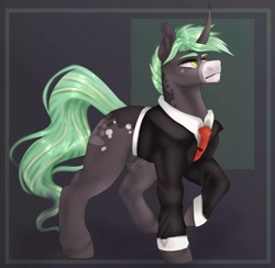 Size: 1959x1911 | Tagged: safe, artist:charlotte38, oc, oc only, pony, unicorn, clothes, curved horn, horn, male, necktie, nudity, sheath, solo, stallion