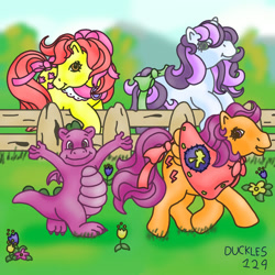 Size: 1500x1500 | Tagged: safe, artist:duckles129, apple bloom, scootaloo, spike, sweetie belle, dragon, earth pony, pegasus, pony, unicorn, g1, g4, apple bloom's bow, bow, cape, clothes, cutie mark crusaders, female, fence, flower, g4 to g1, generation leap, hair bow, horn, looking at you, male, mare, older, older apple bloom, older scootaloo, older sweetie belle, outdoors, smiling, spread wings, tail, tail bow, winged spike, wings