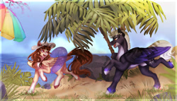 Size: 1180x677 | Tagged: safe, artist:charlotte38, oc, oc only, oc:charlotte, pegasus, pony, butt, duo, female, male, mare, nudity, outdoors, plot, sheath, stallion