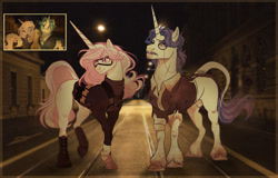 Size: 1280x821 | Tagged: safe, artist:charlotte38, fancypants, fleur-de-lis, pony, unicorn, my little worms, g4, duo, female, horn, leonine tail, male, mare, night, nudity, outdoors, sheath, stallion, tail