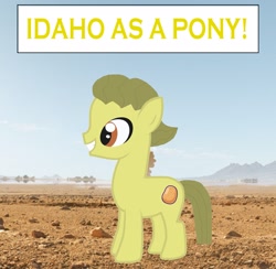 Size: 2193x2142 | Tagged: safe, artist:memeartboi, oc, earth pony, pony, g4, colt, colt oc, cute, desert, earth pony oc, eyes open, foal, food, grin, happy, idaho, male, male oc, nice, outdoors, ponified, potato, potato pony, smiling, solo, standing, teeth, text, the amazing world of gumball