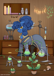 Size: 2894x4093 | Tagged: safe, artist:jjsh, oc, oc only, oc:nighttime wishes, pony, unicorn, alchemy, book, candle, chest fluff, clothes, costume, female, fire, flask, high res, horn, indoors, knife, mare, mushroom, plant, potion, potion making, serious, shelf, solo, test tube