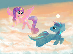 Size: 2732x2048 | Tagged: safe, artist:felisamafeles, oc, oc only, oc:star silk, oc:vibrant grove, pegasus, pony, cloud, cloudy, cute, digital art, dusk, flying, innocent, outdoors, pegasus oc, smiling, spread wings, sun, wings