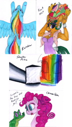 Size: 856x1500 | Tagged: safe, artist:sepiakeys, gummy, pinkie pie, rainbow dash, twilight sparkle, chameleon, pegasus, pony, anthro, g4, fruit, marker drawing, rainbow, traditional art