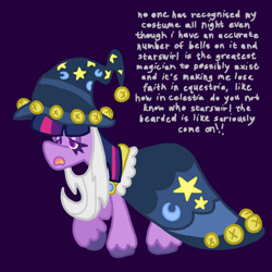 Size: 1280x1280 | Tagged: safe, artist:weevillov3r, twilight sparkle, pony, unicorn, g4, luna eclipsed, my little pony: friendship is magic, bell, cape, clothes, colored hooves, cosplay, costume, cute, dejected, dialogue, digital art, fake beard, female, hat, hooves, lidded eyes, mare, nightmare night, nightmare night costume, open mouth, purple background, simple background, solo, star swirl the bearded costume, text, twilight the bearded, unicorn twilight, walking, wall of text, wizard hat