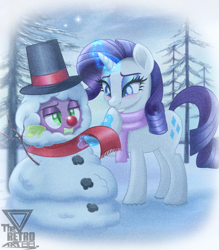 Size: 2000x2286 | Tagged: safe, artist:theretroart88, rarity, spike, dragon, pony, unicorn, g4, 2d, age difference, amused, christmas, clothes, cute, eyeshadow, female, holiday, horn, makeup, male, outdoors, raribetes, scarf, ship:sparity, shipping, snow, snowman, spikabetes, straight, tree, unamused, winter