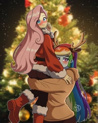 Size: 1024x1280 | Tagged: safe, artist:masterdestroyzj, fluttershy, rainbow dash, human, equestria girls, g4, ass, belt, blushing, boots, butt, christmas, christmas tree, clothes, coat, costume, duo, duo female, eye clipping through hair, eyebrows, eyebrows visible through hair, fake antlers, female, grin, hairband, holiday, hoodie, hug, lesbian, lifting, outdoors, pants, santa costume, ship:flutterdash, shipping, shoes, smiling, tree