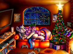 Size: 2520x1868 | Tagged: safe, artist:jac59col, night light, princess cadance, princess flurry heart, shining armor, smarty pants, spike, twilight sparkle, twilight velvet, alicorn, dragon, pony, unicorn, g4, bbbff, book, brother and sister, brothers, canterlot, christmas, christmas stocking, christmas tree, cookie, couch, crash bandicoot (series), cuddling, cute, female, fireplace, food, hearth's warming, heartwarming, holiday, home alone, horn, indoors, male, mare, milk, night, ornaments, picture frame, pizza box, pizza hut, playstation, playstation 4, present, sequel, shining adorable, sibling bonding, sibling love, siblings, snow, snowfall, spikabetes, spyro the dragon (series), stallion, television, tree, twiabetes, twilight sparkle (alicorn), wingless spike