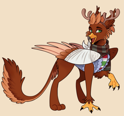 Size: 1253x1180 | Tagged: safe, artist:wanderingpegasus, oc, oc:pavlos, griffon, antlers, bandage, beak, broken bone, broken wing, cast, cheek fluff, claws, clothes, colored wings, commission, eared griffon, griffon oc, injured, non-pony oc, nonbinary, reindeer antlers, scarf, sling, tail, wings