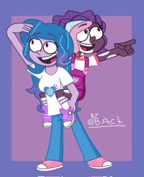 Size: 1660x2048 | Tagged: safe, artist:garybaldor, izzy moonbow, violette rainbow, human, equestria girls, g4, g5, clothes, converse, cute, cutie mark on clothes, denim, dreadlocks, duo, duo female, equestria girls-ified, eyebrows, eyebrows visible through hair, female, g5 to equestria girls, g5 to g4, generation leap, izzybetes, jeans, jewelry, necklace, overalls, pants, passepartout, pointing, shirt, shoes, signature, smiling, sneakers, socks, violettebetes, vitiligo