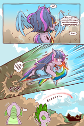 Size: 960x1440 | Tagged: safe, artist:cold-blooded-twilight translation, edit, editor:agent00k0t, rainbow dash, spike, twilight sparkle, dragon, pegasus, pony, unicorn, cold blooded twilight, comic:cold storm (ru), g4, blushing, clothes, cloud, cloudy, comic, cyrillic, dialogue, electricity, eyes closed, flying, horn, hug, leggings, looking up, magic, outdoors, pegasus magic, russian, smiling, speech bubble, speed lines, sweat, take off, translation, translator:agent00k0t, unicorn twilight