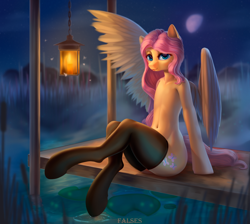 Size: 2000x1788 | Tagged: safe, alternate version, artist:falses, fluttershy, firefly (insect), fly, insect, pegasus, pony, semi-anthro, g4, adorasexy, bedroom eyes, belly, blushing, clothes, collarbone, complex background, cute, digital art, eyelashes, eyes open, fog, humanoid torso, lake, lamp, lantern, legs, legs in air, legs together, legwear, lidded eyes, lilypad, looking at you, moon, night, one wing out, outdoors, pier, raised leg, reeds, ribcage, sexy, shyabetes, sitting, smiling, smiling at you, socks, solo, stars, stockings, sultry pose, thigh highs, thighs, water, wide hips, wings