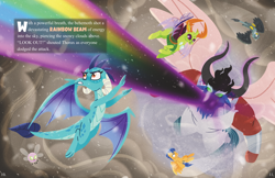 Size: 5100x3300 | Tagged: safe, artist:bearmation, flash sentry, gabby, princess ember, thorax, changedling, changeling, dragon, griffon, pegasus, pony, g4, absurd file size, absurd resolution, blast, dragoness, female, flying, fusion, fusion:cozy glow, fusion:grogar, fusion:king sombra, fusion:lord tirek, fusion:queen chrysalis, fusion:storm king, high angle, king thorax, macro, magic, magic blast, male, stallion, story included, text