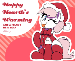 Size: 2700x2200 | Tagged: safe, artist:thebatfang, nurse redheart, earth pony, pony, g4, ;p, christmas, clothes, costume, cute, female, hat, heart, heartabetes, hearth's warming, holiday, imported from twibooru, looking at you, mare, one eye closed, ponerpics import, santa costume, santa hat, sitting, socks, solo, striped background, text, thigh highs, tongue out, wink, winking at you