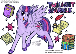 Size: 3269x2339 | Tagged: safe, artist:artistnjc, twilight sparkle, alicorn, pony, g4, book, character name, inkwell, paper, parchment, quill, simple background, smiling, solo, spread wings, traditional art, twilight sparkle (alicorn), wings