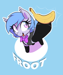 Size: 905x1077 | Tagged: safe, artist:thebatfang, oc, oc only, oc:lucky roll, bat pony, pony, banana, bat pony oc, bowtie, clothes, ear tufts, female, food, gradient eyes, herbivore, high angle, hoof hold, light blue background, mare, simple background, solo, stockings, thigh highs, vest