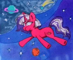 Size: 2739x2273 | Tagged: safe, artist:dreamy990, oc, oc:dusk horizon, pony, unicorn, g4, arms spread out, cheek puffing, comet, flailing, flowing mane, flowing tail, full body, holding breath, horn, lost in space, marker drawing, pinpoint eyes, planet, scared, solo, space, stars, tail, traditional art