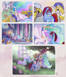 Size: 1786x2063 | Tagged: safe, artist:jennathedragon, princess celestia, oc, alicorn, earth pony, pegasus, pony, unicorn, g4, balcony, blushing, canon x oc, canterlot, canterlot castle, comic, ethereal mane, ethereal tail, female, flowing mane, flowing tail, garden, happy, heart, heart eyes, horn, love at first sight, male, mare, romantic, royal guard, stallion, straight, tail, throne room, wingding eyes