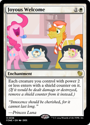 Size: 375x523 | Tagged: safe, edit, carrot cake, pinkie pie, pound cake, pumpkin cake, earth pony, pegasus, unicorn, baby cakes, g4, my little pony: friendship is magic, ccg, crib, foal, horn, implied princess luna, magic the gathering, maternity ward, trading card, trading card edit, trading card game