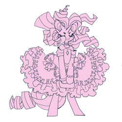 Size: 851x851 | Tagged: safe, artist:cutesykill, rarity, unicorn, semi-anthro, g4, beauty mark, big ears, bow, bracelet, choker, clothes, detached sleeves, dress, eyelashes, eyes closed, female, flowing mane, frilly dress, horn, jewelry, lolita fashion, mare, monochrome, necklace, pearl bracelet, purse, ringlets, shoulderless, simple background, smiling, standing, thick eyelashes, unicorn horn, white background, wristband