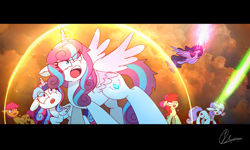 Size: 2277x1364 | Tagged: safe, artist:jaanhavi, apple bloom, princess flurry heart, scootaloo, sweetie belle, twilight sparkle, oc, oc:diamond heart, alicorn, earth pony, pegasus, pony, unicorn, g4, angry, black bars, blast, cloud, eye clipping through hair, female, fight, filly, floppy ears, flying, foal, folded wings, force field, group, hair over one eye, horn, magic, magic aura, magic beam, magic blast, mare, next generation, offspring, older, older flurry heart, older twilight, older twilight sparkle (alicorn), open mouth, parent:princess cadance, parent:shining armor, parents:shiningcadance, princess twilight 2.0, protecting, scared, sextet, siblings, signature, sisters, spread wings, standing, twilight sparkle (alicorn), wings