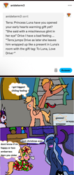 Size: 1108x2607 | Tagged: safe, artist:ask-luciavampire, princess luna, oc, oc:drive, oc:elon coco, oc:terra, alicorn, earth pony, pegasus, pony, unicorn, tumblr:ask-luciavampire, g4, ask, canon x oc, christmas, holiday, horn, tumblr