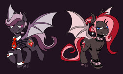 Size: 1500x900 | Tagged: safe, artist:dingotk, oc, oc only, bat pony, pony, 2014, bat pony oc, bat wings, choker, clothes, cuffs (clothes), duo, female, male, mare, necktie, raised hoof, stallion, wings