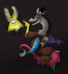 Size: 3808x4139 | Tagged: safe, artist:dingotk, discord, draconequus, g4, 2014, bill cipher, crossover, dark background, duo, gravity falls, hat, male, smiling, tail, top hat, wings